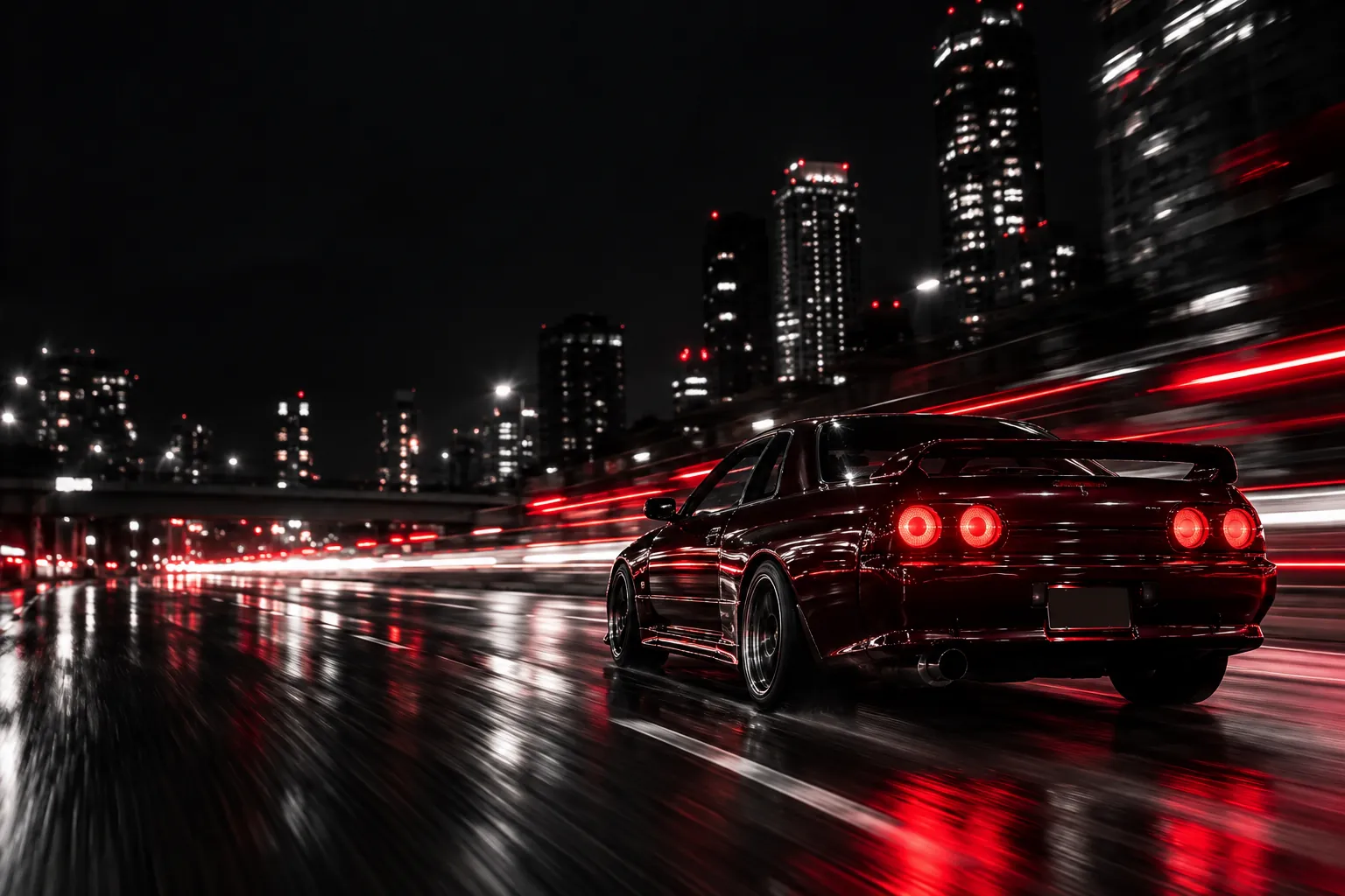A black-cherry coupe with round red taillights speeding through downtown at night