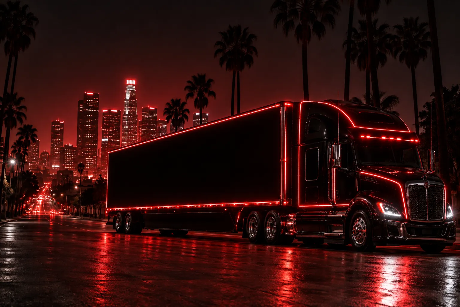 Black semi-truck lit with red neon under palm trees at night